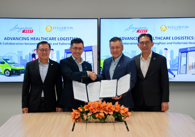 (Left to right) Mark Chong, Chief Executive Officer, SingPost; Andy Lim, Head of Commercial, SingPost; Derrick Chan, Managing Director, Singapore and Malaysia, Fullerton Health; Ho Kuen Loon, Group Chief Executive Officer and Executive Director, Fullerton Health.